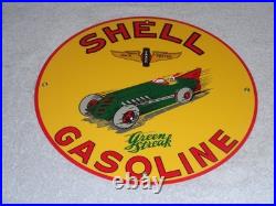 Vintage Shell Green Streak Gasoline & Race Car 11 3/4 Porcelain Metal Oil Sign