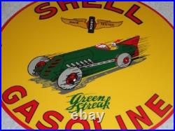 Vintage Shell Green Streak Gasoline & Race Car 11 3/4 Porcelain Metal Oil Sign