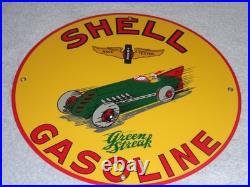 Vintage Shell Green Streak Gasoline & Race Car 11 3/4 Porcelain Metal Oil Sign