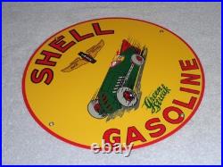 Vintage Shell Green Streak Gasoline & Race Car 11 3/4 Porcelain Metal Oil Sign