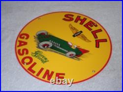 Vintage Shell Green Streak Gasoline & Race Car 11 3/4 Porcelain Metal Oil Sign