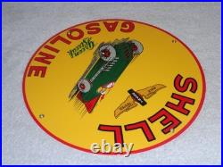 Vintage Shell Green Streak Gasoline & Race Car 11 3/4 Porcelain Metal Oil Sign