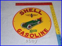 Vintage Shell Green Streak Gasoline & Race Car 11 3/4 Porcelain Metal Oil Sign