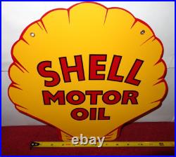 Vintage Shell Motor Oil 12 Porcelain Metal Gasoline Red Back Advertising Sign
