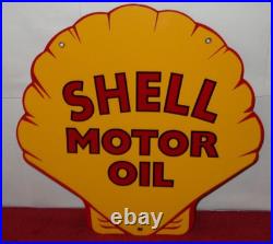 Vintage Shell Motor Oil 12 Porcelain Metal Gasoline Red Back Advertising Sign
