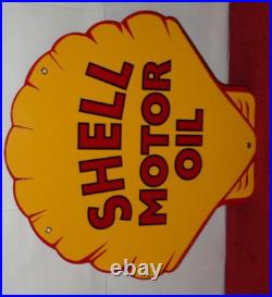 Vintage Shell Motor Oil 12 Porcelain Metal Gasoline Red Back Advertising Sign