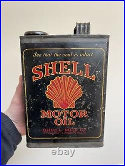 Vintage Shell Motor Oil Can c. 1920's Garage Automobilia Enamel Sign Petrol