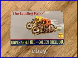 Vintage Shell Oil Gas Motorcycle Racing Porcelain Sign