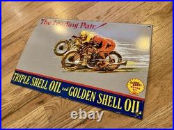 Vintage Shell Oil Gas Motorcycle Racing Porcelain Sign