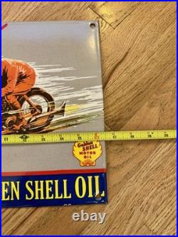 Vintage Shell Oil Gas Motorcycle Racing Porcelain Sign