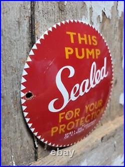 Vintage Shell Porcelain Sign Old Gas Pump Sealed Safety Plate Oil Advertising