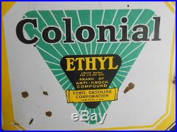 Vintage Sign Original Colonial Ethyl Gasoline Double Sided Porcelain Gas Oil