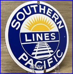 Vintage Southern Pacific Lines Porcelain Sign Gas Station Pump Plate Oil Train