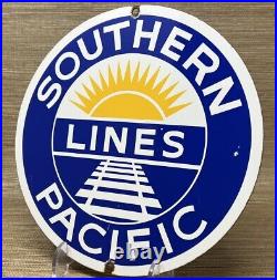 Vintage Southern Pacific Lines Porcelain Sign Gas Station Pump Plate Oil Train