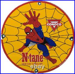 Vintage Spider Man Conoco Gasoline N Tane Porcelain Sign 12 Metal Comic Gas Oil