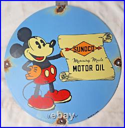 Vintage Sunoco Disney Mickey Mouse Porcelain Sign Pump Plate Gas Station Oil