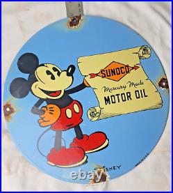 Vintage Sunoco Disney Mickey Mouse Porcelain Sign Pump Plate Gas Station Oil