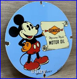 Vintage Sunoco Disney Mickey Mouse Porcelain Sign Pump Plate Gas Station Oil