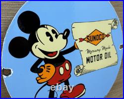 Vintage Sunoco Disney Mickey Mouse Porcelain Sign Pump Plate Gas Station Oil