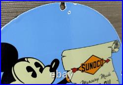 Vintage Sunoco Disney Mickey Mouse Porcelain Sign Pump Plate Gas Station Oil