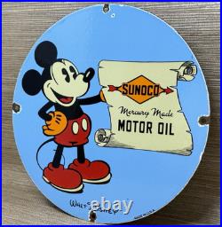 Vintage Sunoco Disney Mickey Mouse Porcelain Sign Pump Plate Gas Station Oil