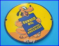 Vintage Sunoco Gasoline Porcelain Pluto Walt Disney Motor Oil Pump Plate Sign