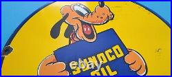 Vintage Sunoco Gasoline Porcelain Pluto Walt Disney Motor Oil Pump Plate Sign