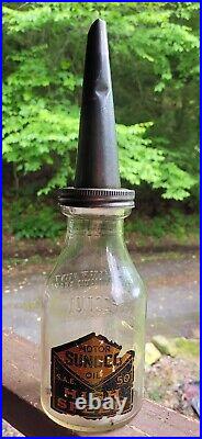 Vintage Sunoco High Speed Sae 50 Oil Bottle Quart Rare Embossed Bottle On Spout