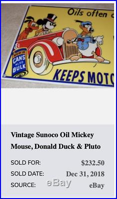 Vintage Sunoco Oil Mickey Mouse, Donald Duck & Pluto 12 Metal Gasoline Sign Gas