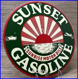 Vintage Sunset Gasoline Porcelain Sign Service Gas Station Sunrise Motor Oil