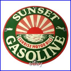 Vintage Sunset Gasoline Sign Gas Motor Oil Pump Plate Porcelain Sign