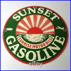 Vintage Sunset Gasoline Sign Gas Motor Oil Pump Plate Porcelain Sign