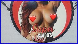 Vintage Super Clark Gasoline Pinup Girl Porcelain Gas Oil Service Pump Ad Sign