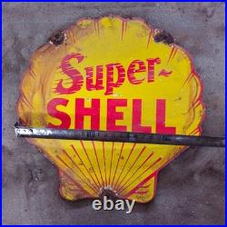 Vintage Super Yellow Shell Old Us Gasoline Oil Gas Pump Enamel Porcelain Sign