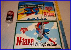 Vintage Superman Conoco Gasoline & Oil Pump Porcelain Sign Lot Of 2! Advertising