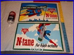 Vintage Superman Conoco Gasoline & Oil Pump Porcelain Sign Lot Of 2! Advertising