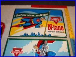 Vintage Superman Conoco Gasoline & Oil Pump Porcelain Sign Lot Of 2! Advertising