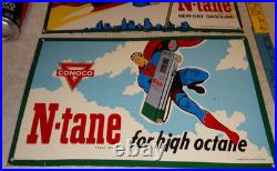 Vintage Superman Conoco Gasoline & Oil Pump Porcelain Sign Lot Of 2! Advertising