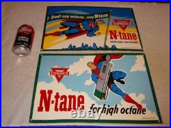 Vintage Superman Conoco Gasoline & Oil Pump Porcelain Sign Lot Of 2! Advertising