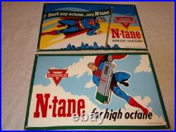 Vintage Superman Conoco Gasoline & Oil Pump Porcelain Sign Lot Of 2! Advertising
