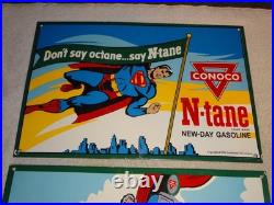Vintage Superman Conoco Gasoline & Oil Pump Porcelain Sign Lot Of 2! Advertising