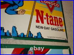 Vintage Superman Conoco Gasoline & Oil Pump Porcelain Sign Lot Of 2! Advertising