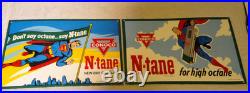 Vintage Superman Conoco Gasoline & Oil Pump Porcelain Sign Lot Of 2! Advertising