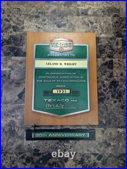 Vintage TEXACO DEALER SIGN Wall Plaque Award 1951 30th Anniversary