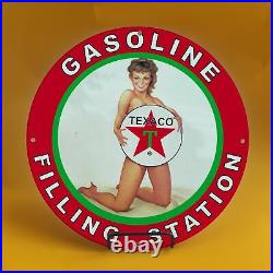 Vintage Texaco Gasoline Girl Porcelain Enamel Gas Oil Station Pump Oil Sign