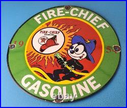 Vintage Texaco Gasoline Porcelain Felix The Cat Firefighter Gas Pump Plate Sign