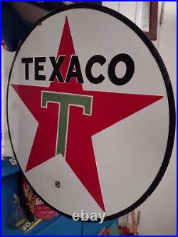Vintage Texaco Star Gasoline Oil Station Double Sided Porcelain Flanged Sign