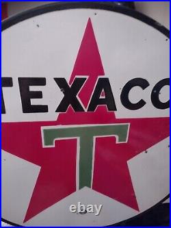 Vintage Texaco Star Gasoline Oil Station Double Sided Porcelain Flanged Sign