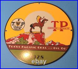 Vintage Texas Pacific Coal Oil Porcelain Gas Service Station 11 3/4 Pump Sign