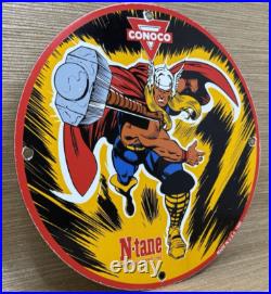 Vintage Thor N-tane Conoco Gasoline 12 Porcelain Marvel Comic Oil Sign Vintage Thor N-tane Conoco Gasoline 12 Porcelain Marvel Comic Oil Sign